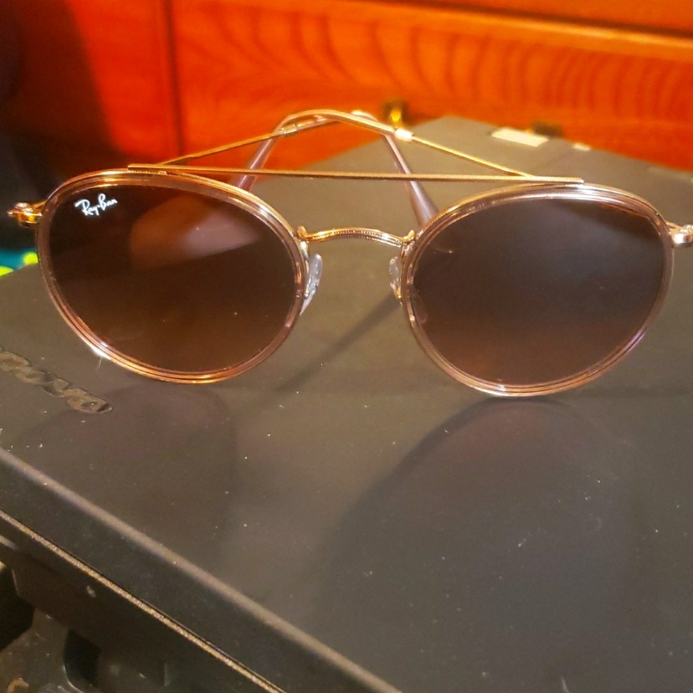 RAY-BANRayBan Round Double Bridge Pink Brown Gradient Sunglasses RB3647N 9069A5